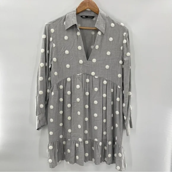 Zara Pom Polka Dot Babydoll Mini Contrast Dress Gray White Shirt Size Medium - Picture 2 of 15